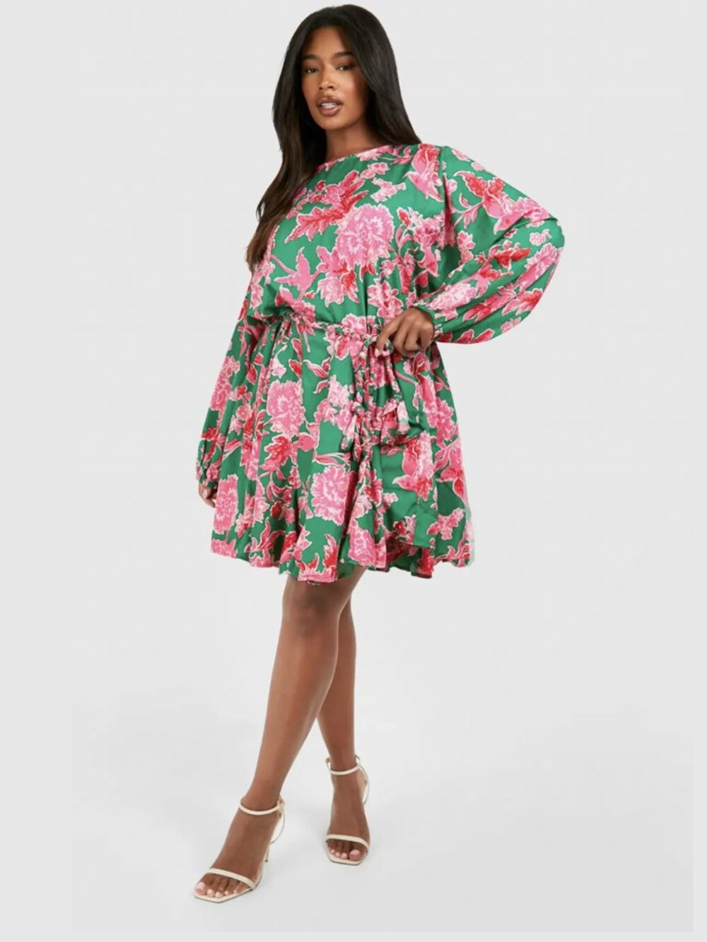 Floral Godet Detail Belted Skater Dress BooHoo Plus Size 20